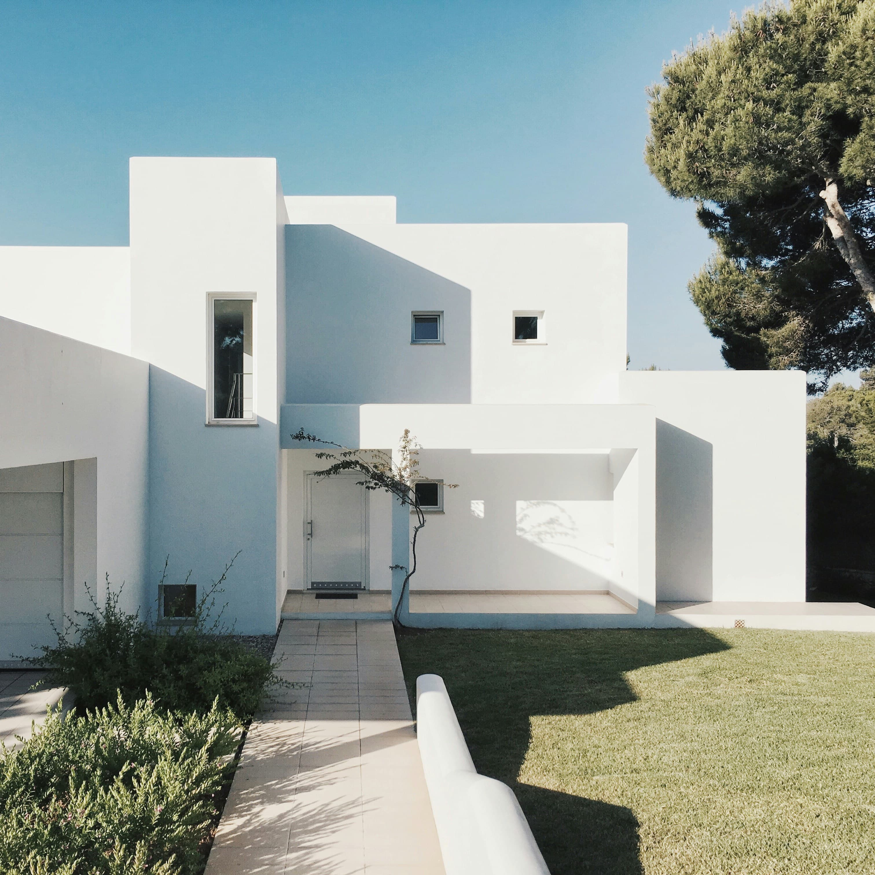 Front view of white modern home